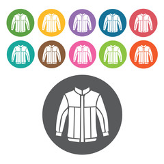 Jacket icon. Mens clothes icons set. Round colourful 12 buttons.