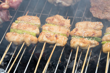 barbecue with delicious grilled meat and leek