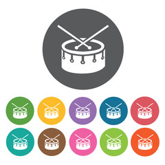 Drums icon. Music equipment icon set. Round colourful 12 buttons