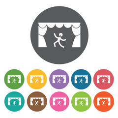 Man singing between theatre curtains icon. Music equipment icon