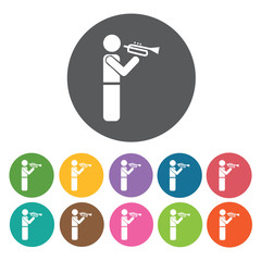 Man playing trumpet icon. Music equipment icon set. Round colour