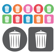 Garbage can with lid icon. Trash can icons set. Round and rectan