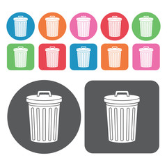 Outdoor garbage can with lid icon. Trash can icons set. Round an
