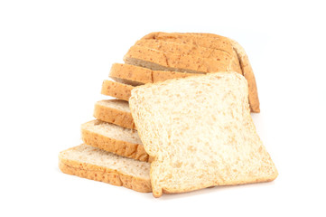 The cut loaf of bread on white background.