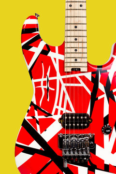 Beautiful closeup red and white electric guitar