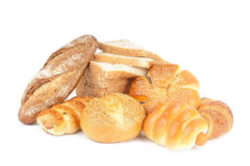 Composition with bread and rolls on white background.