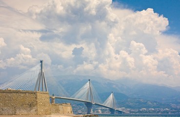 Suspension bridge crossing Corinth Gulf strait, Greece