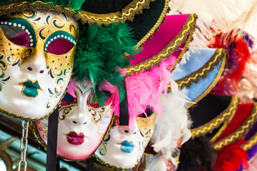Souvenirs and carnival masks on street trading in Venice, Italy