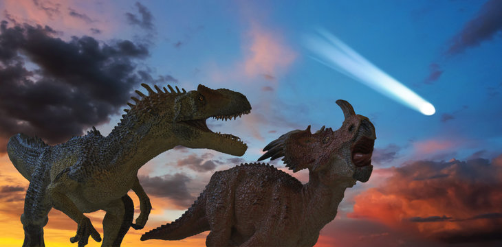 Allosaurus and Styracosaurus Battle as the Comet Approaches