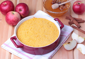 couscous casserole with apples, honey and cinnamon