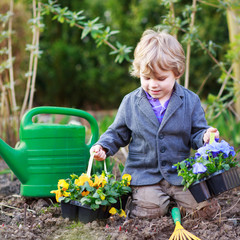 Little boy gardening and planting flowers in garden