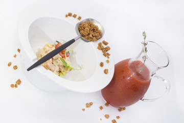 tomato soup in a restaurant decorated with shrimp