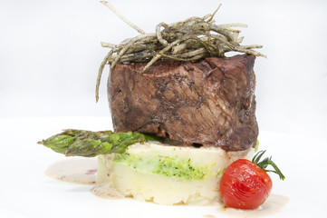 with mashed potatoes and smoke on a white background in restorne