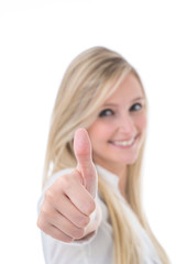 Smiling Woman Giving Thumbs Up to Camera