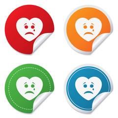 Sad heart face with tear icon. Crying symbol.