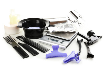 Hairdresser accessories for coloring hair, isolated on white