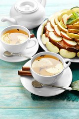 Homemade apple pie served on table, close-up