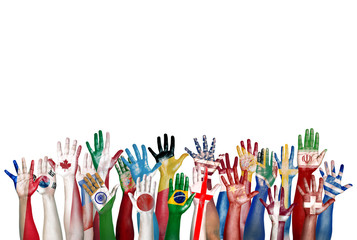 Group of Diverse Flag Painted Hands Raised - obrazy, fototapety, plakaty