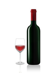 Wine bottle and red wine glass on white
