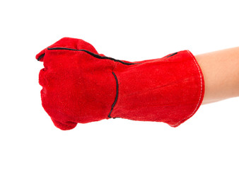 Hand in red leather work glove.