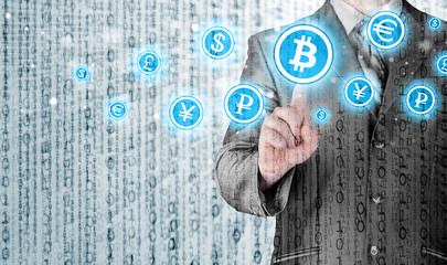 Choosing bitcoins, businessman pressing touch screen button.