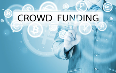 Businessman pushes virtual crowd funding button