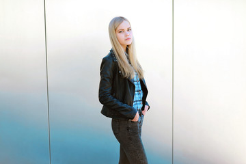 Outdoor portrait cute girl blonde