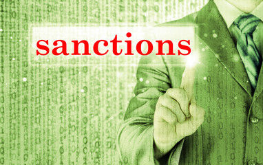 businessman pressing sanctions button on virtual screens