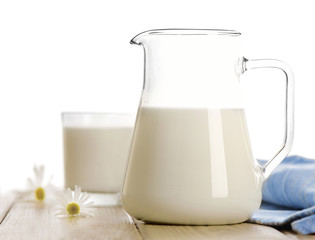 Jug and glass of milk isolated on white