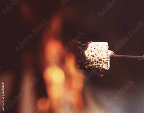Close up of a marshmallow on a stick being roasted