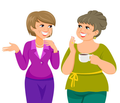 two mature women talking happily