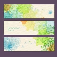 Set of ornamental artistic watercolor banners with dandelion