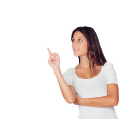 Casual young girl pointing something at side