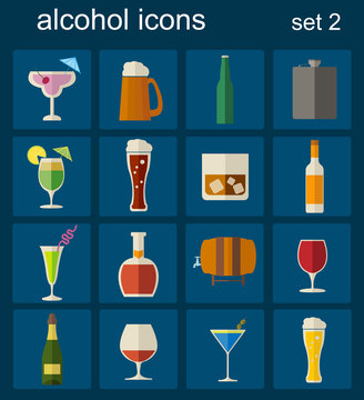 Alcohol drinks icons. 16 flat icons set