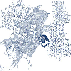 Telefongekritzel mit mit Wirrwarr, Schädel und Rückenwirbel