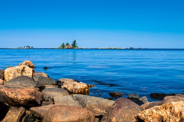 red cabin in the sea