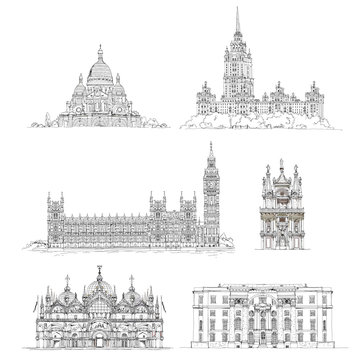 Famous buildings, sketch collection.