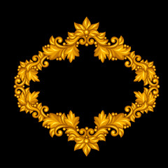 Baroque ornamental antique gold frame on black background.