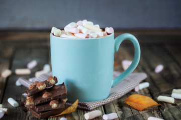 Mug filled with hot chocolate and marshmallow, with chocolate