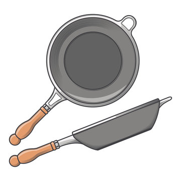 Frying pans (side and top view) isolated on a white background