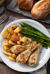 Roast chicken with potatoes and asparagus