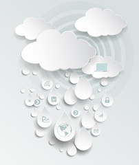 Paper cloud computing with icon in rain drops