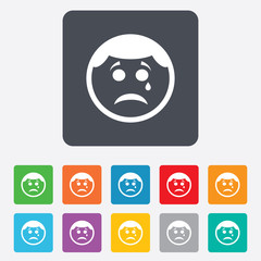 Sad face with tear sign icon. Crying symbol.