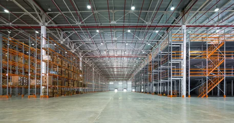 Acrylic prints Industrial building Big automated warehouse, panorama of modern rack system and shelvings