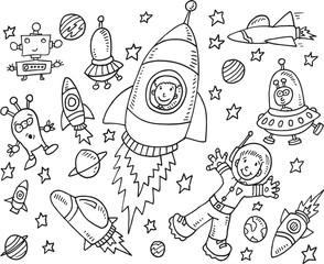 Obraz premium Outer Space Doodle Vector Illustration Art Set