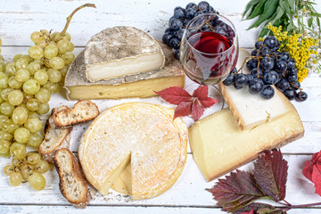 french cheese platter with wine and grapes