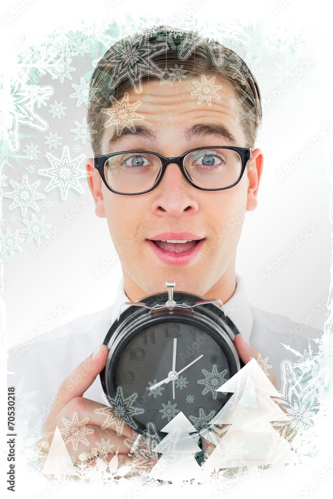 Poster composite image of geeky businessman holding alarm clock