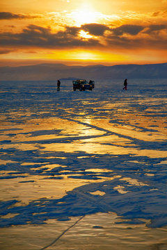 Winter sunset over Baikal lake