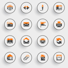Email icons with white buttons on gray background.