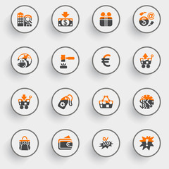 Commerce icons with white buttons on gray background.